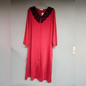 Chic Red Xl Nightdress with Black Lace Long Sleeve Silky Polyester V-neck